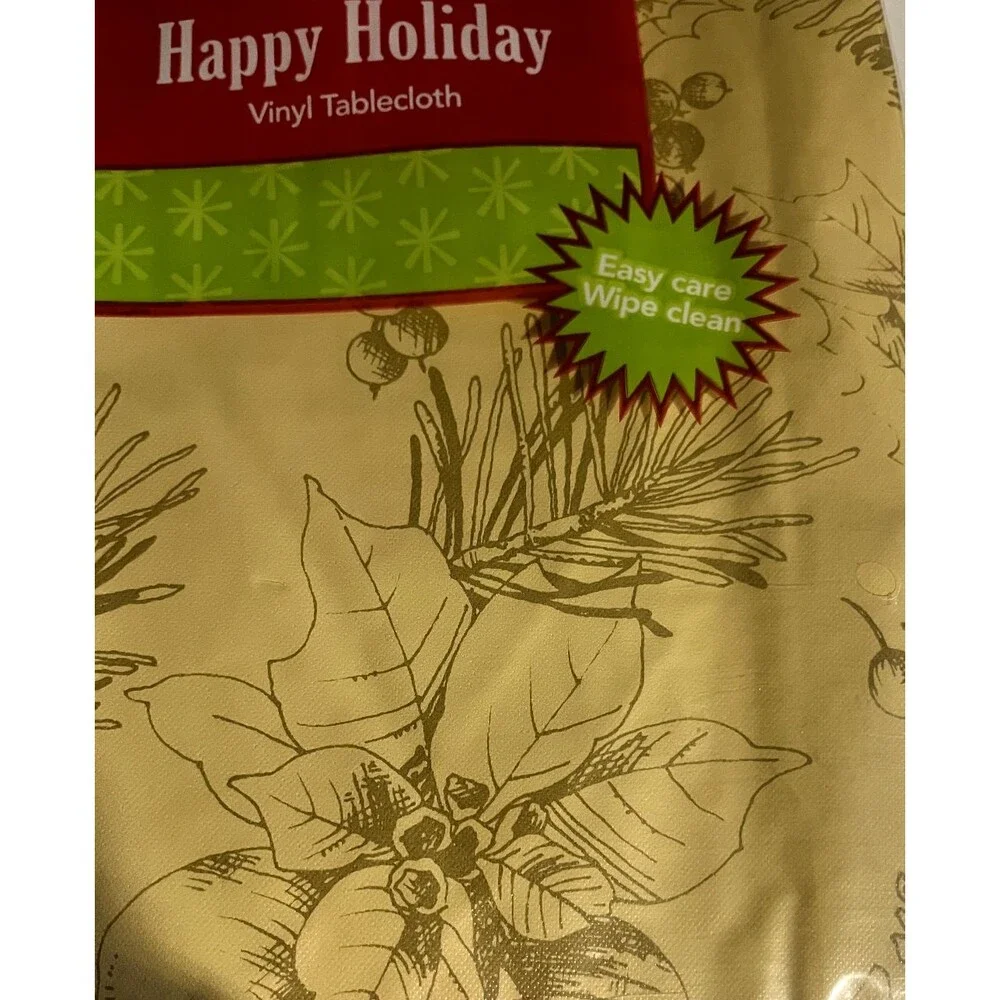 Christmas Poinsettia Pinecone Vinyl Tablecloth Flannel Backed Holiday 52x70